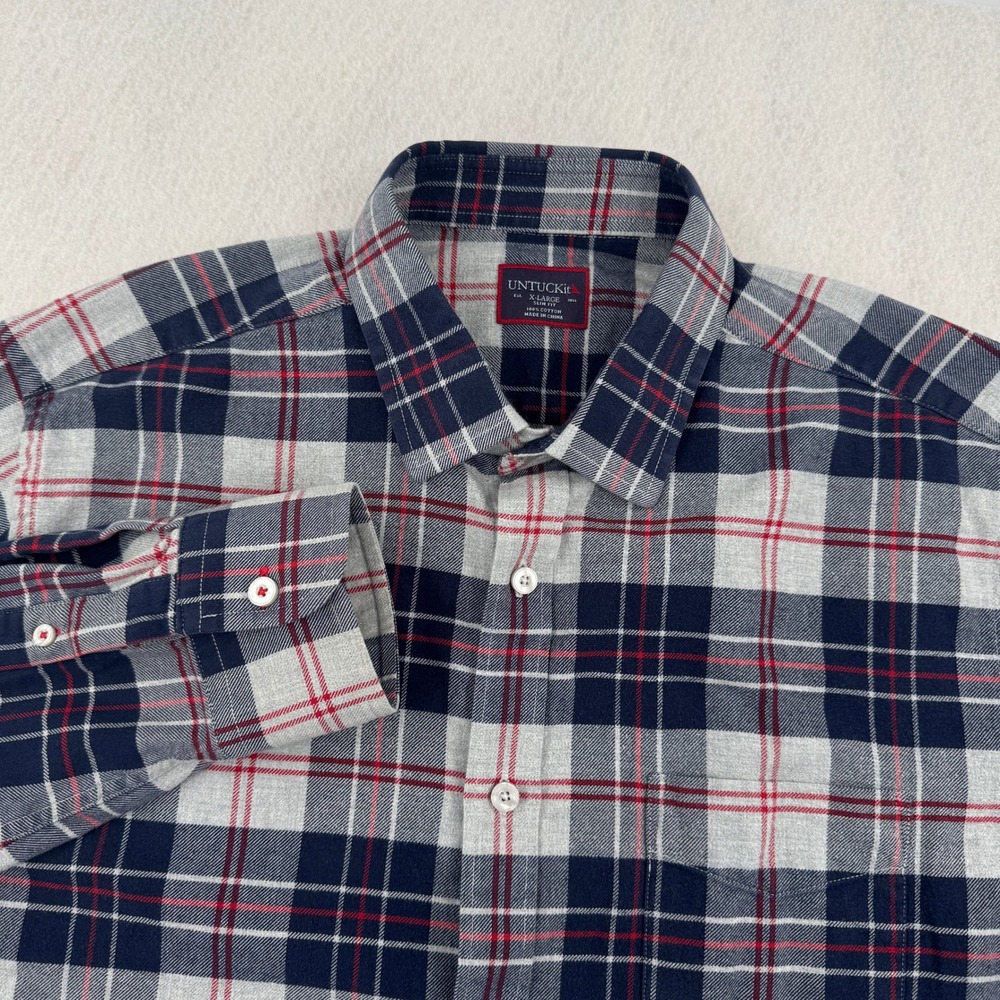 UNTUCKit Mens XL Slim Fit Flannel Button Down Navy/Red Plaid Long Sleeve Casual